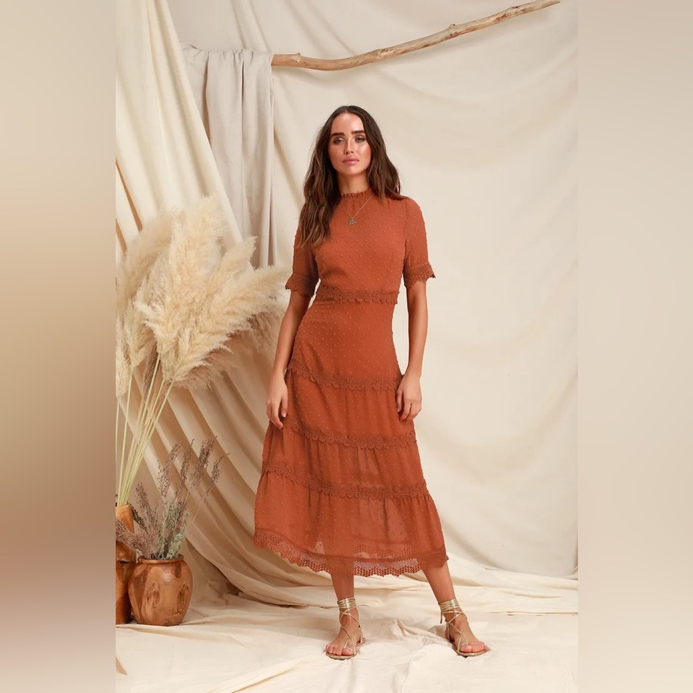 Dreaming of You Rust Orange Swiss Dot Midi Dress